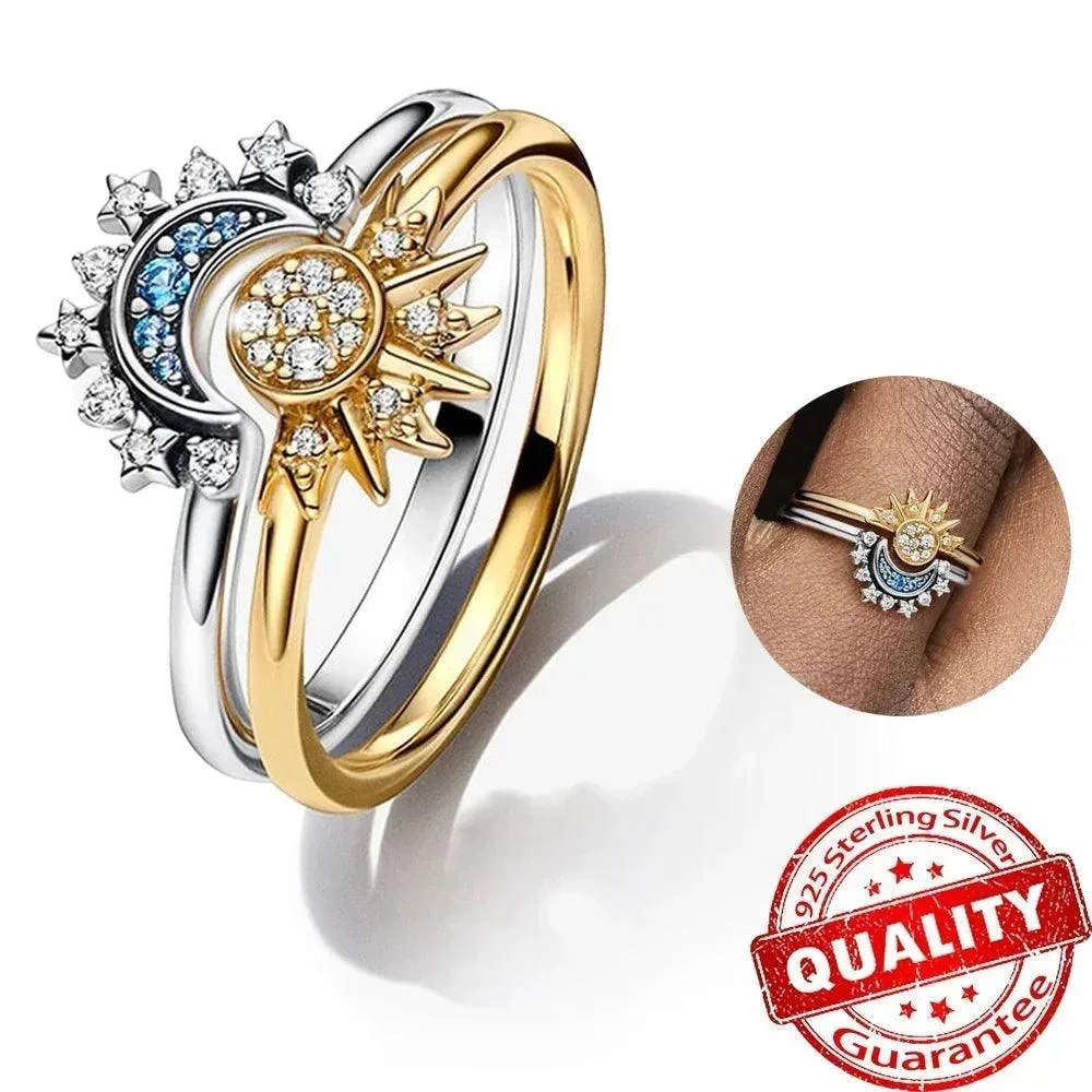 Celestial Crystal Blue Moon & Sun Ring: Elegant Cosmic Style