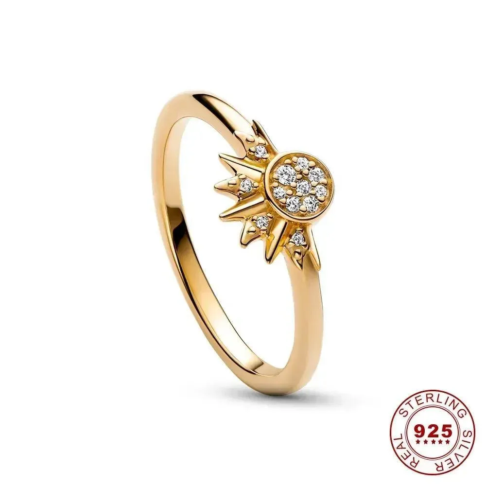 Celestial Crystal Blue Moon & Sun Ring: Elegant Cosmic Style