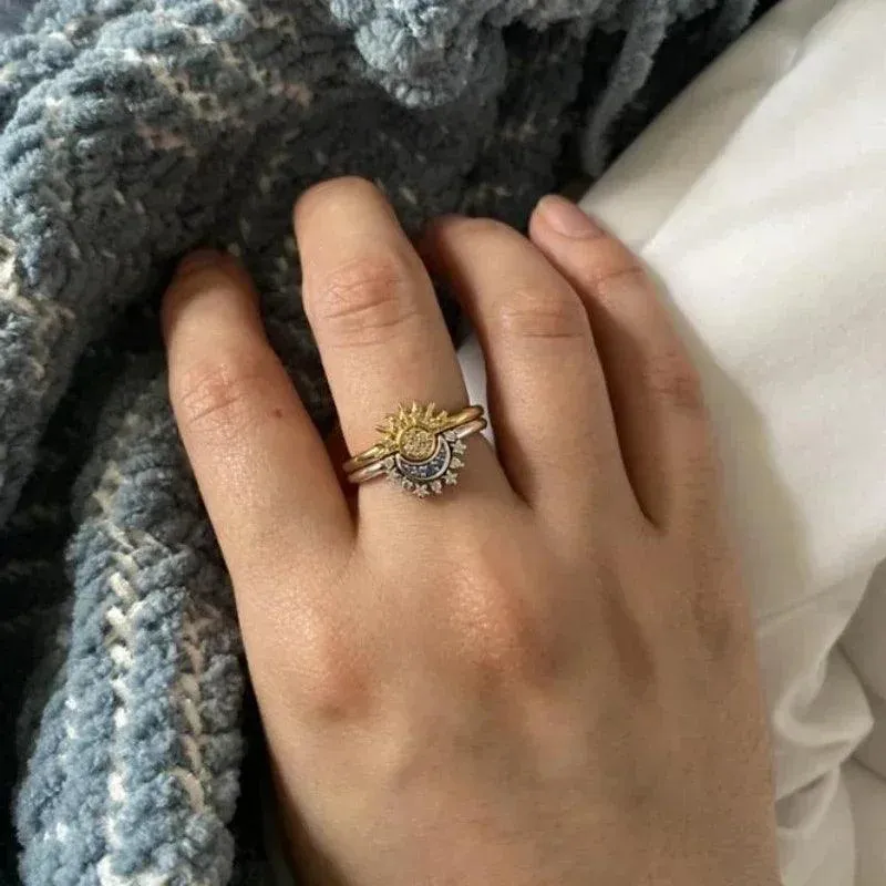 Celestial Crystal Blue Moon & Sun Ring: Elegant Cosmic Style
