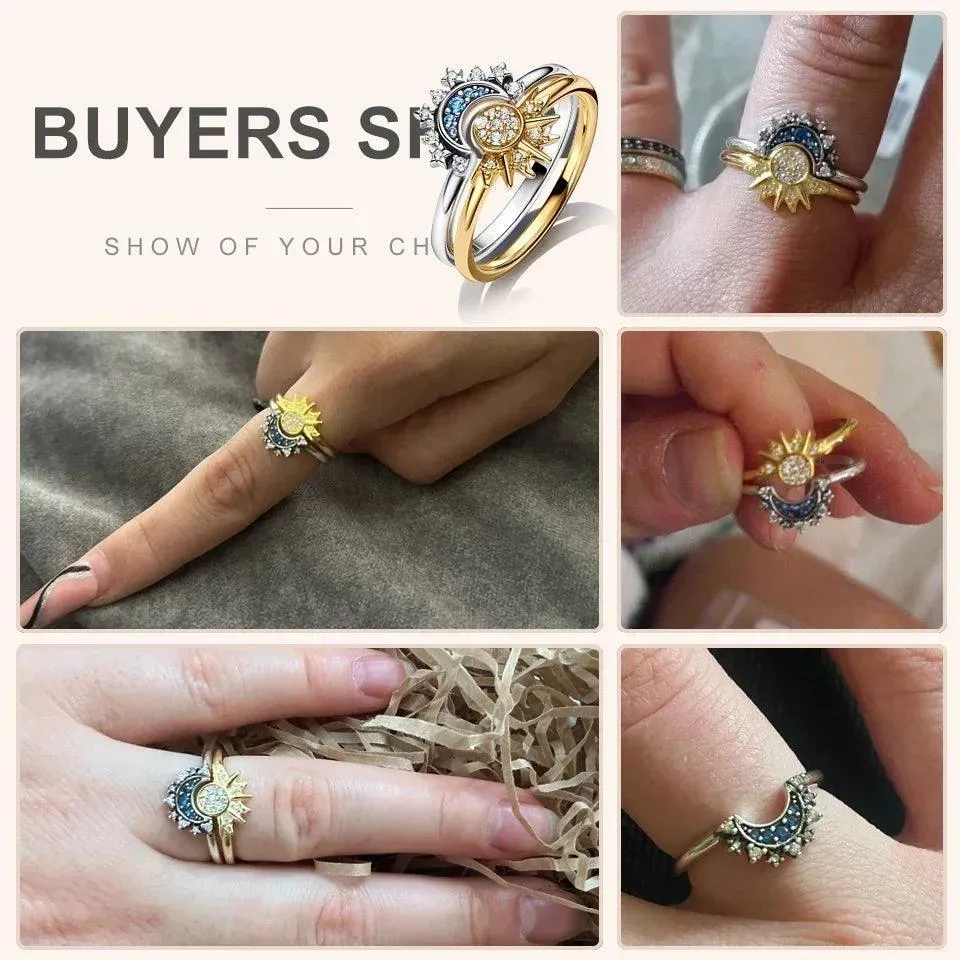 Celestial Crystal Blue Moon & Sun Ring: Elegant Cosmic Style