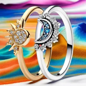 Celestial Crystal Blue Moon & Sun Ring: Elegant Cosmic Style