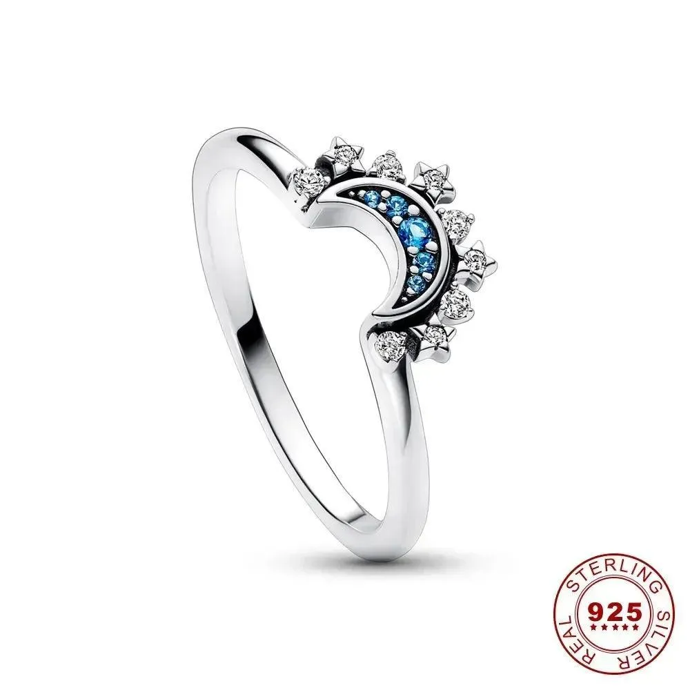 Celestial Crystal Blue Moon & Sun Ring: Elegant Cosmic Style