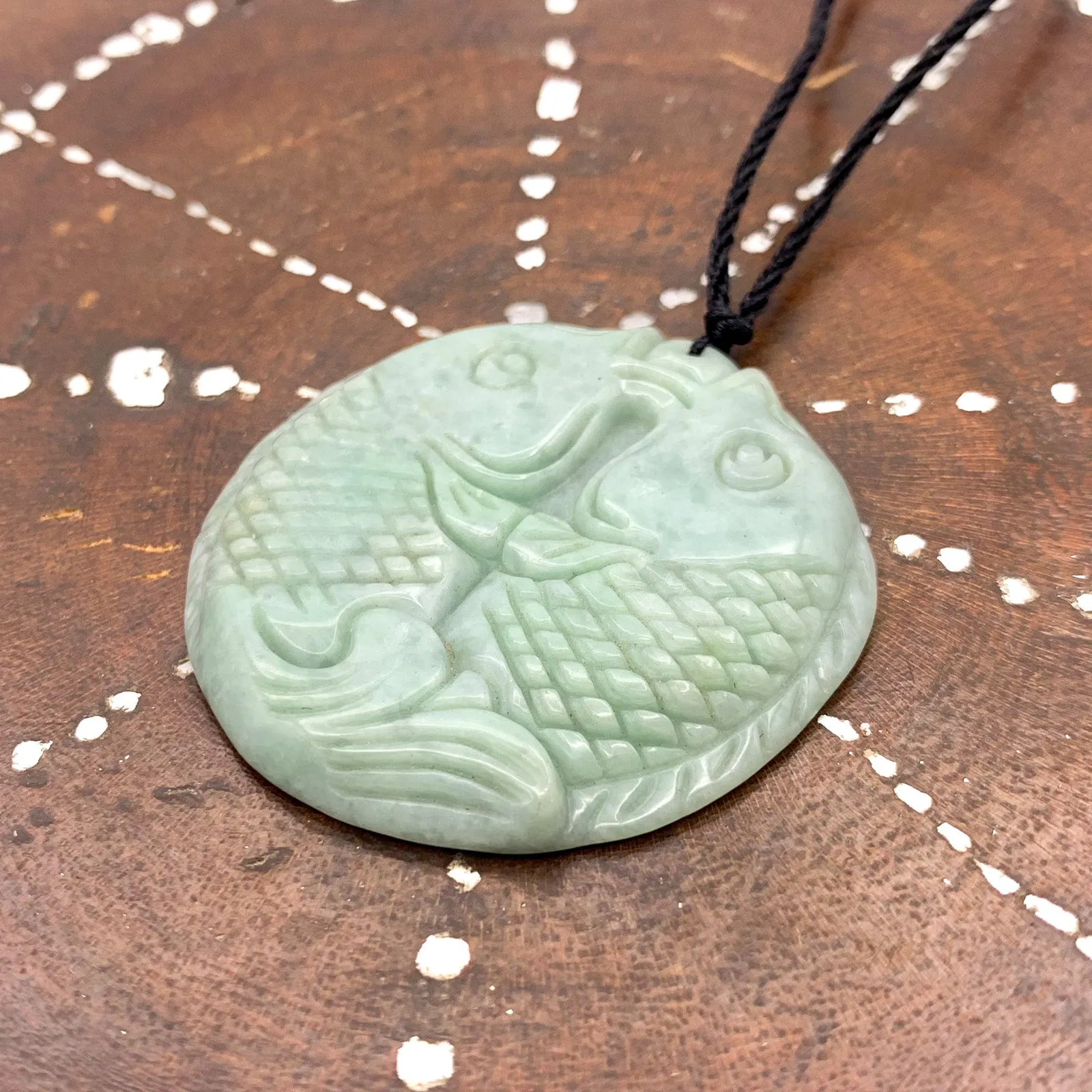 Certified Green Natural Type A Jade Jadeite Carved Double Fish Bead Pendant Necklace