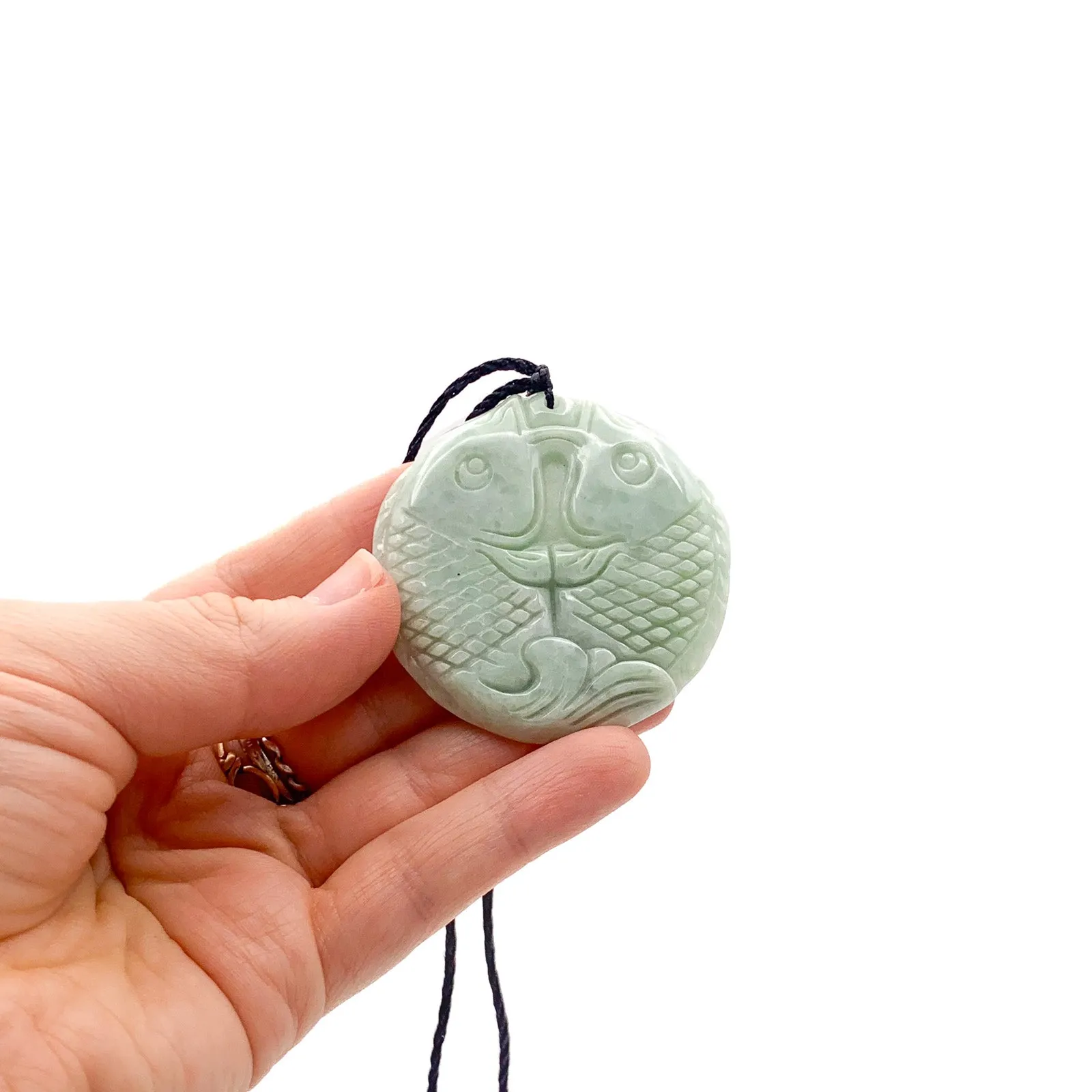 Certified Green Natural Type A Jade Jadeite Carved Double Fish Bead Pendant Necklace