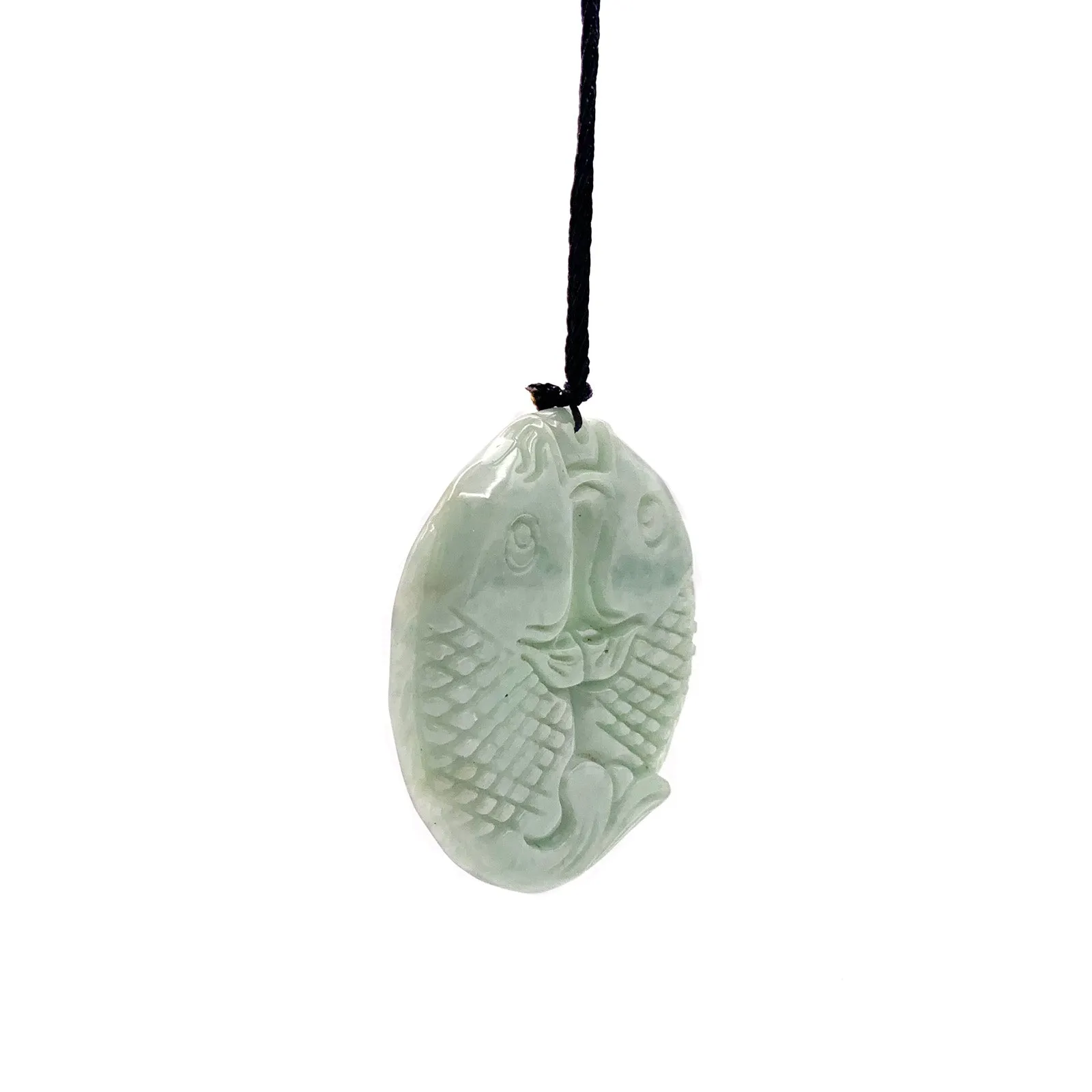 Certified Green Natural Type A Jade Jadeite Carved Double Fish Bead Pendant Necklace