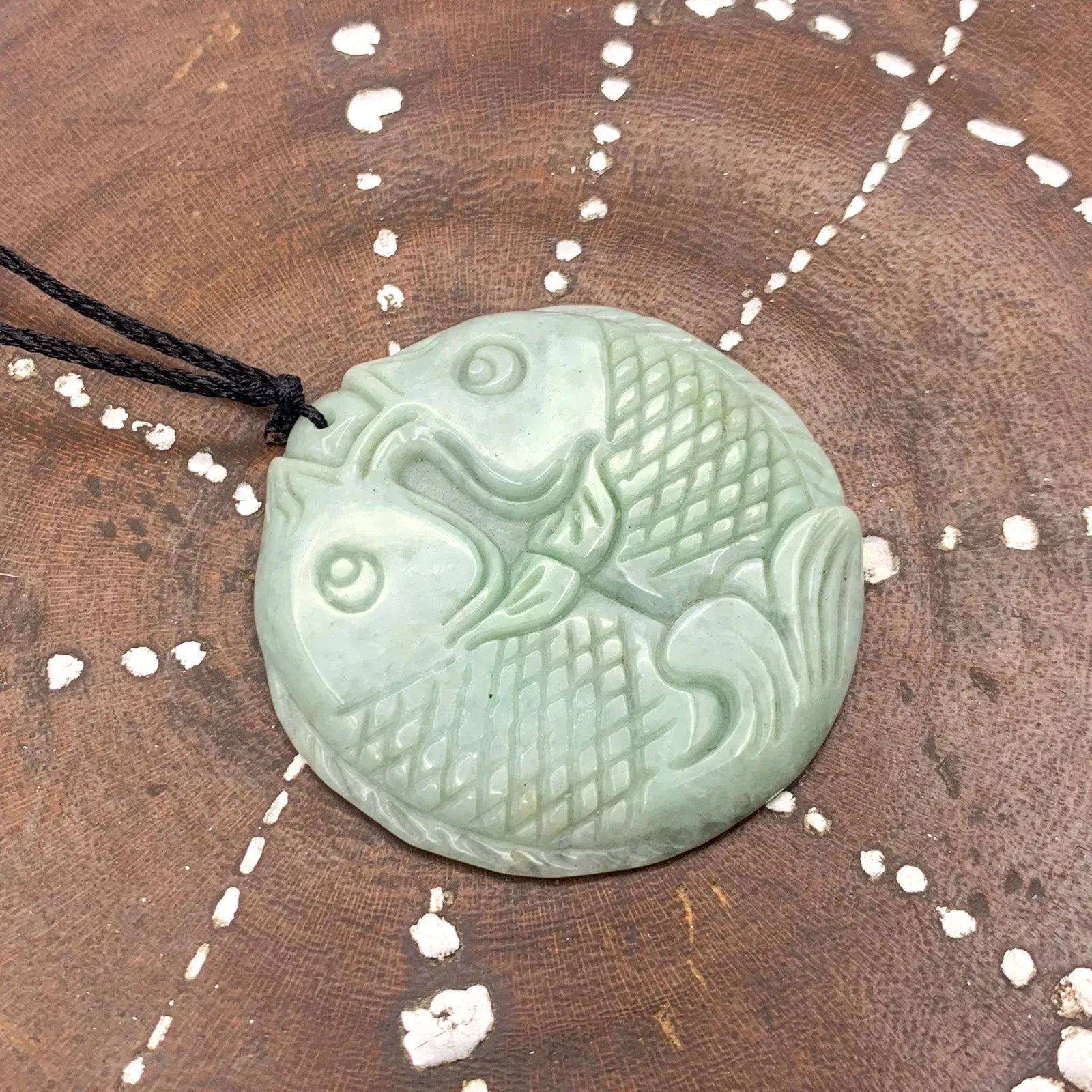Certified Green Natural Type A Jade Jadeite Carved Double Fish Bead Pendant Necklace