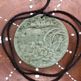 Certified Green Natural Type A Jade Jadeite Carved Mandarin Duck Lotus Pendant Necklace