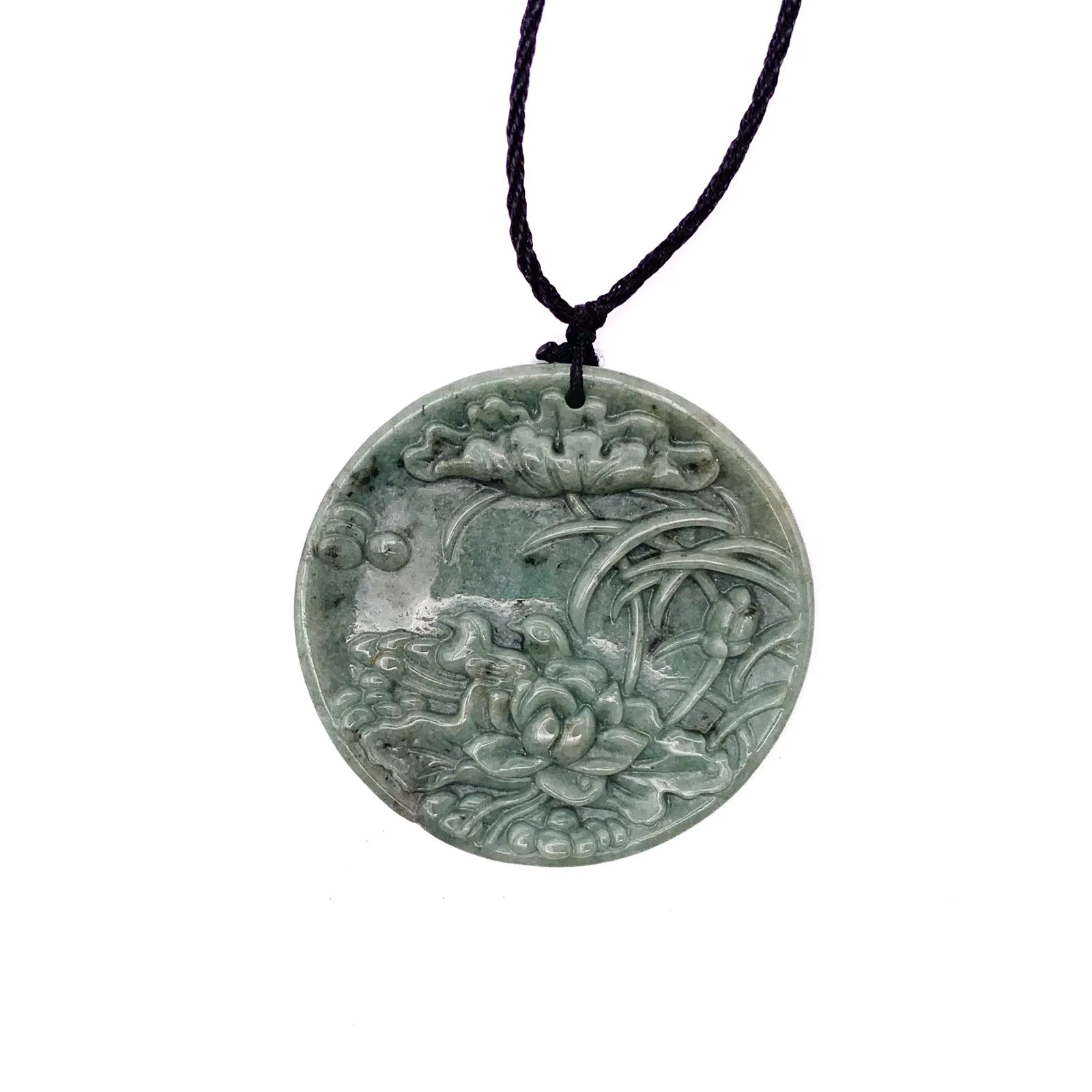Certified Green Natural Type A Jade Jadeite Carved Mandarin Duck Lotus Pendant Necklace