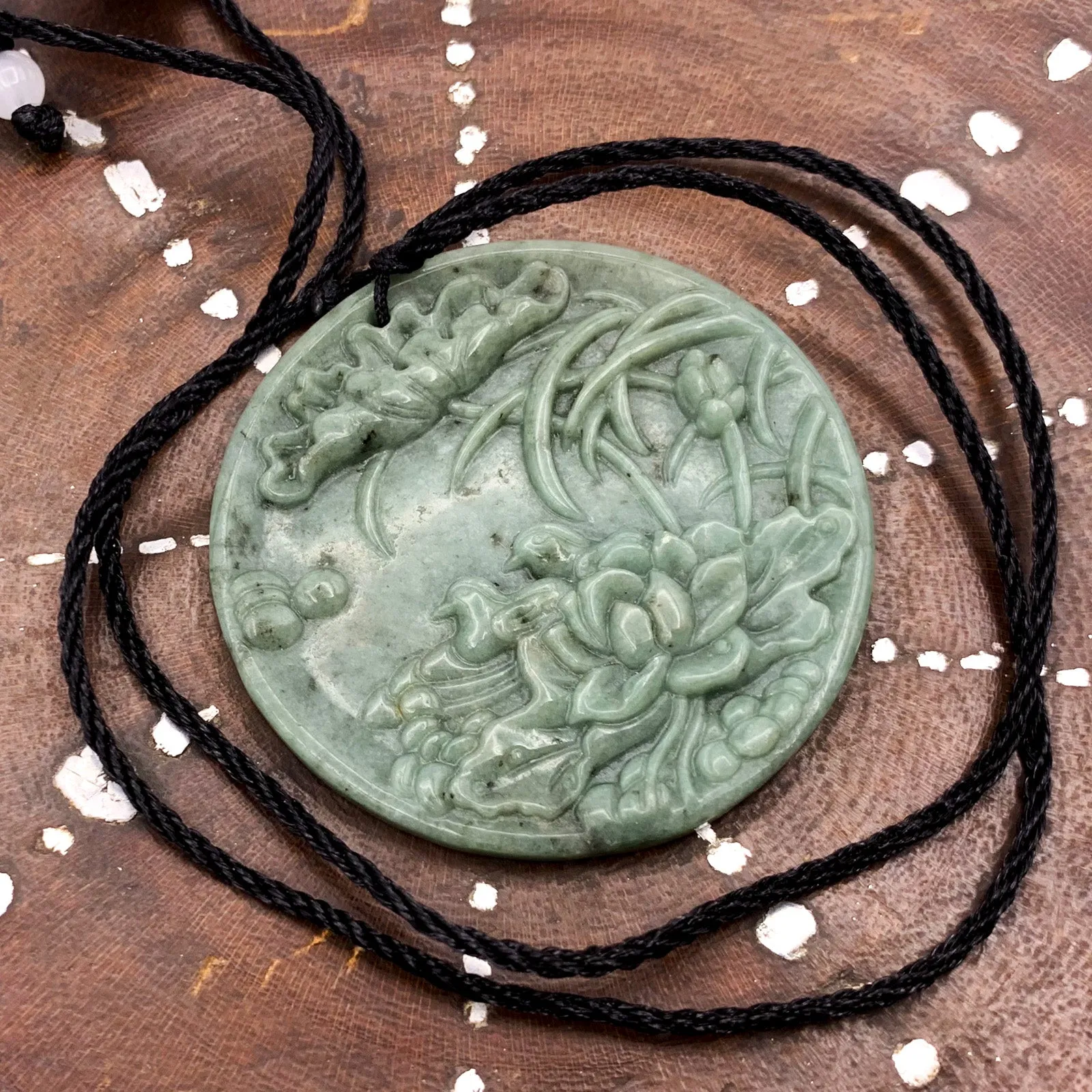 Certified Green Natural Type A Jade Jadeite Carved Mandarin Duck Lotus Pendant Necklace