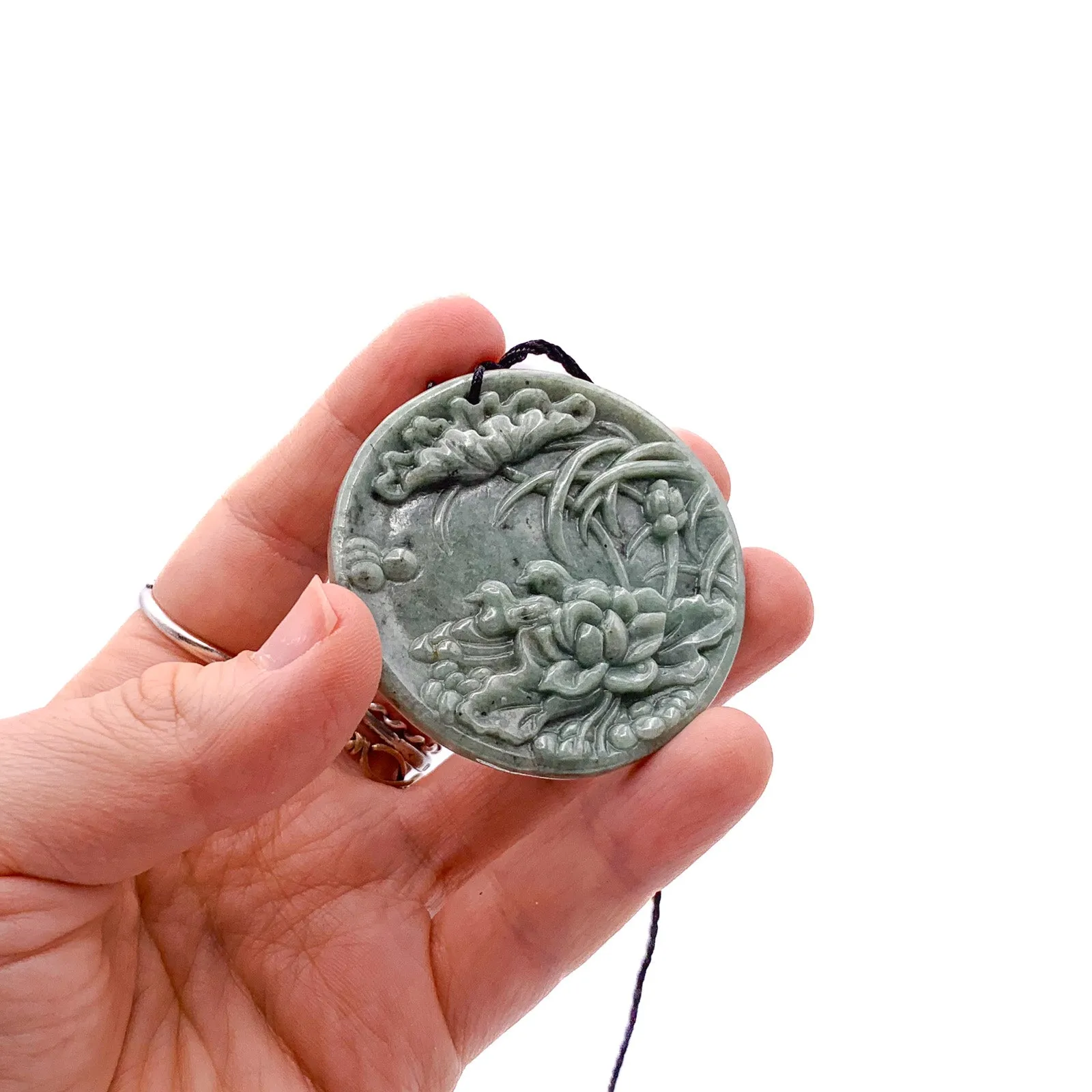 Certified Green Natural Type A Jade Jadeite Carved Mandarin Duck Lotus Pendant Necklace
