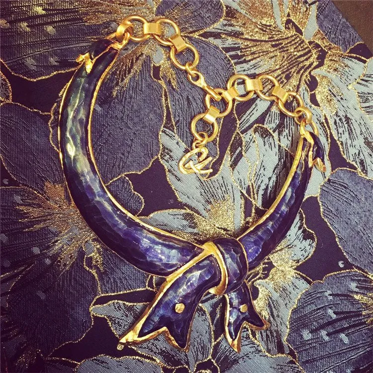 Christian Lacroix Blue Bow Necklace Enamel