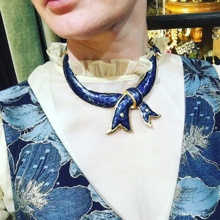 Christian Lacroix Blue Bow Necklace Enamel