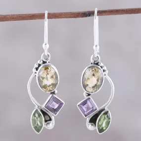 Citrine Amethyst Peridot and Sterling Silver Dangle Earrings - Sun with Violets | NOVICA