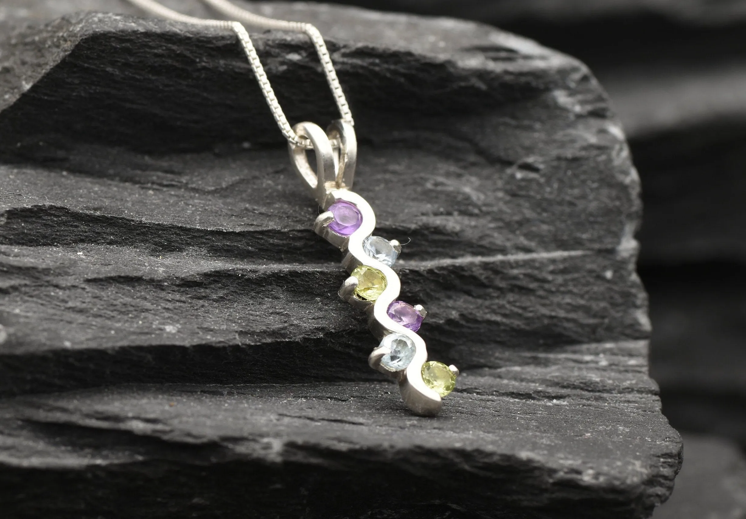 Colorful Topaz Pendant - Long Wavy Necklace, Multistone Silver Pendant