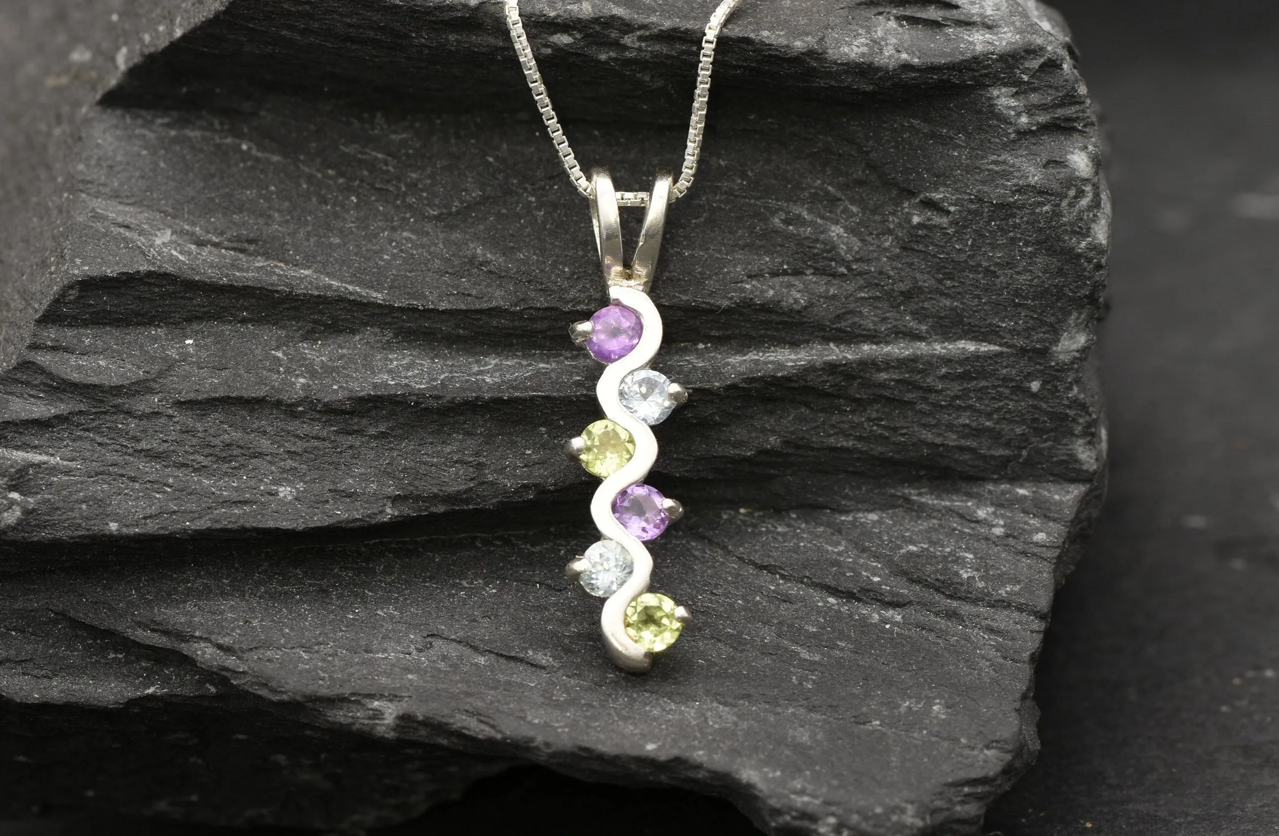 Colorful Topaz Pendant - Long Wavy Necklace, Multistone Silver Pendant