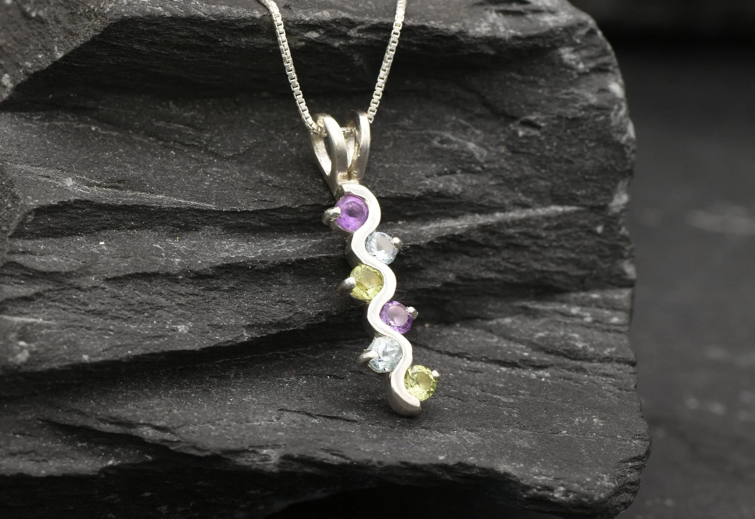Colorful Topaz Pendant - Long Wavy Necklace, Multistone Silver Pendant