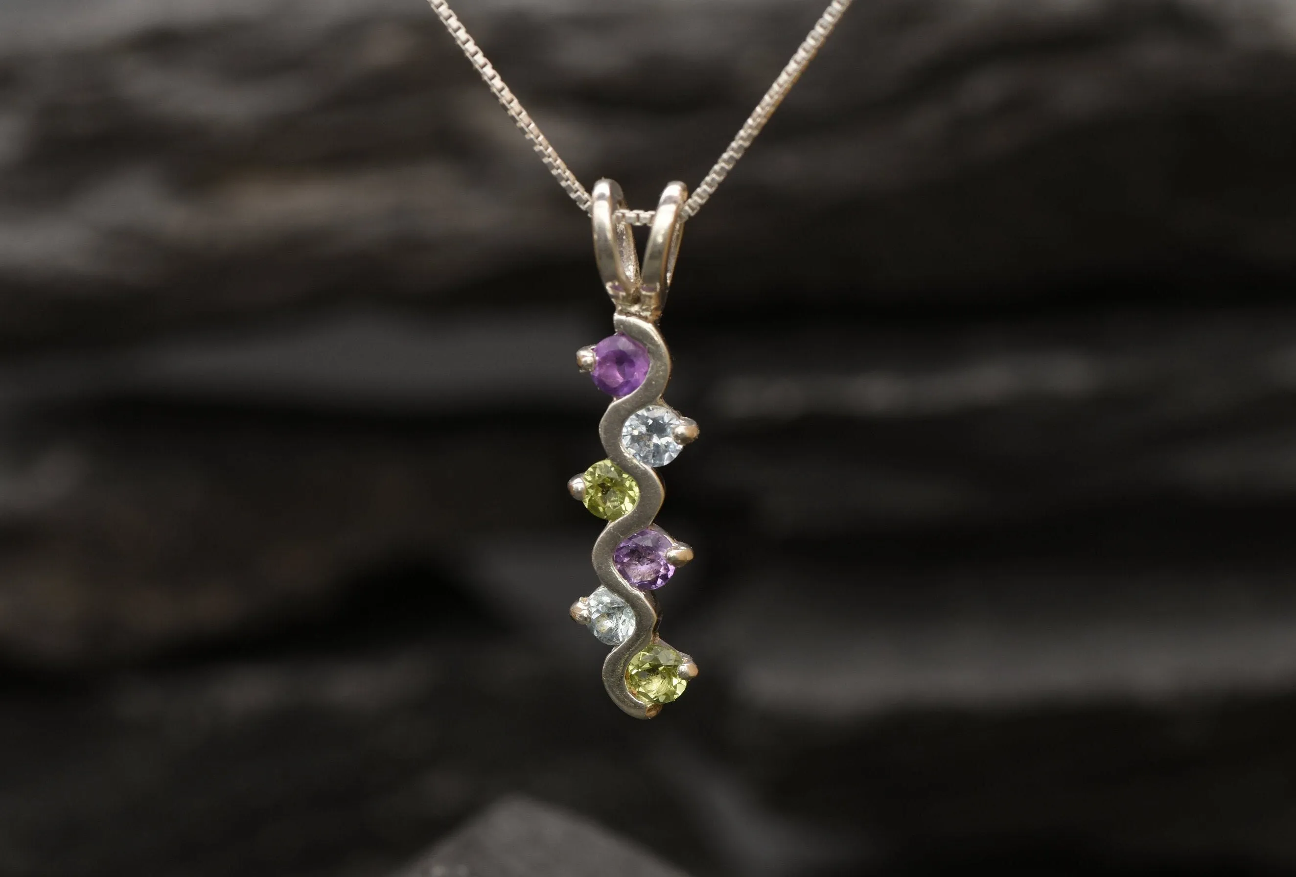 Colorful Topaz Pendant - Long Wavy Necklace, Multistone Silver Pendant