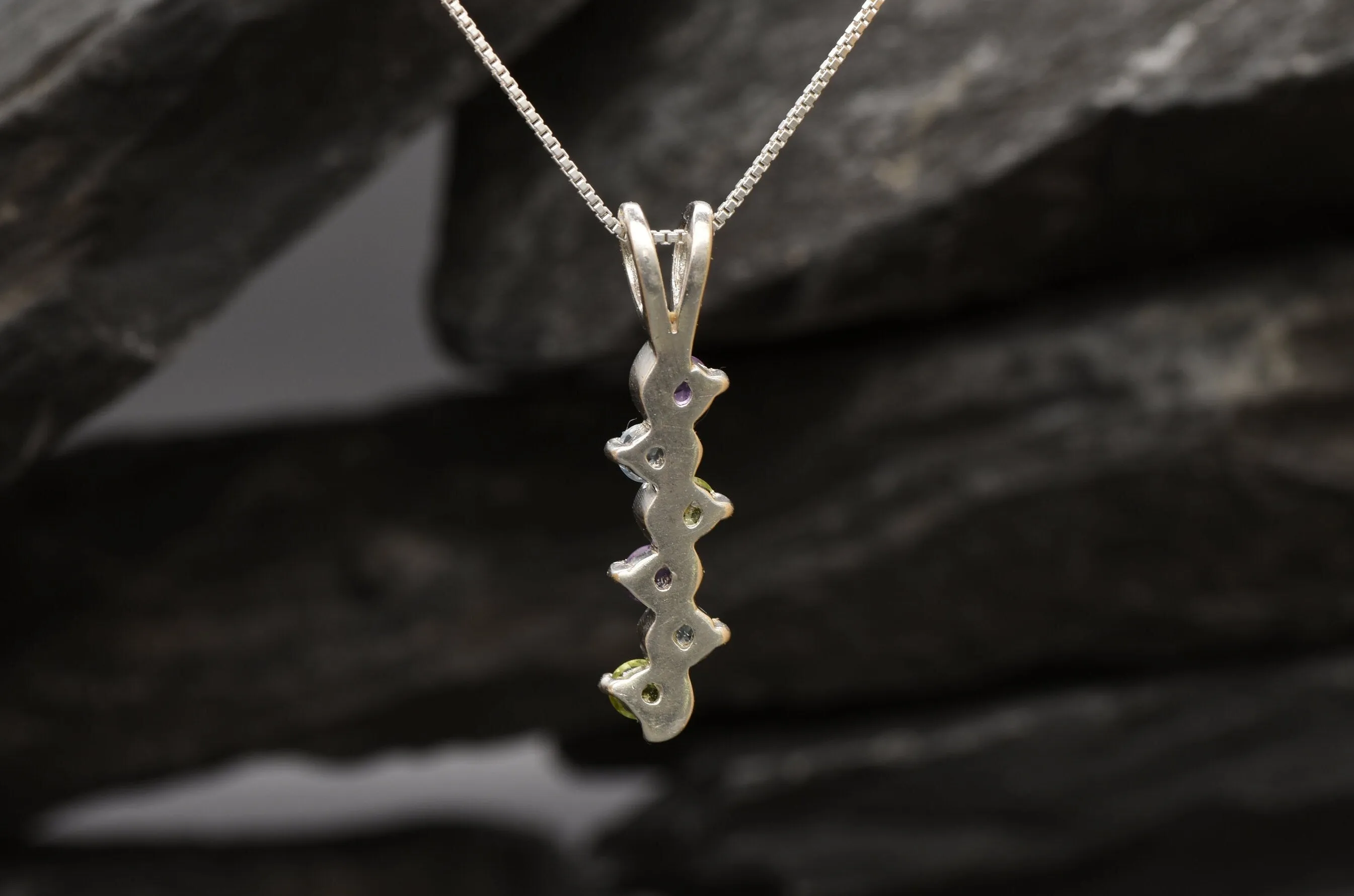 Colorful Topaz Pendant - Long Wavy Necklace, Multistone Silver Pendant