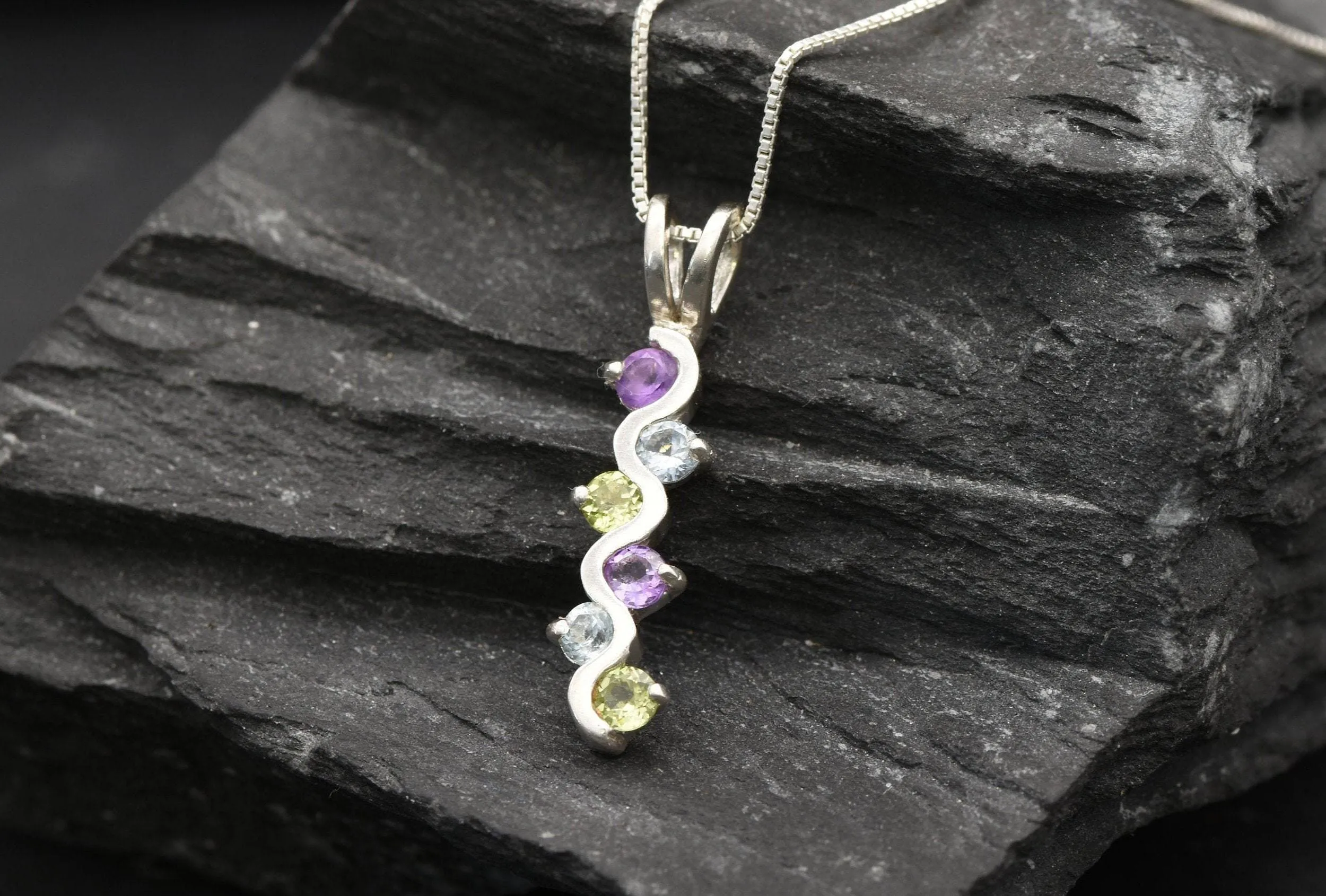 Colorful Topaz Pendant - Long Wavy Necklace, Multistone Silver Pendant