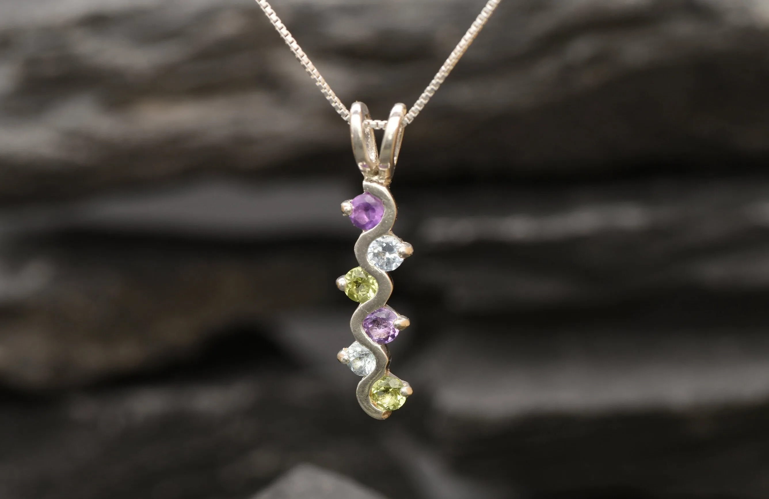 Colorful Topaz Pendant - Long Wavy Necklace, Multistone Silver Pendant