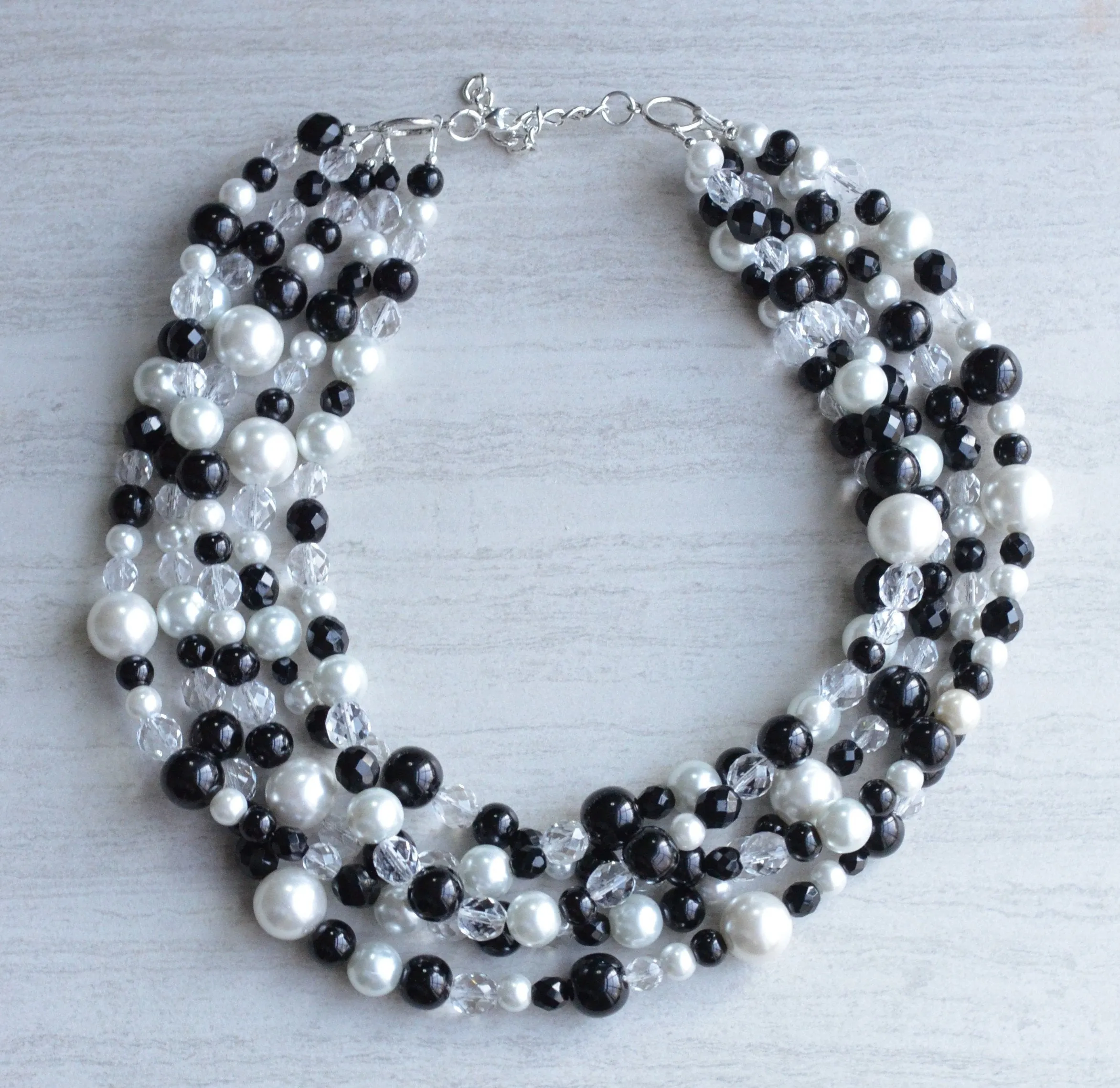 Crystal Black Crystal Pearl Beaded Multi Strand Chunky Statement Necklace - Melissa