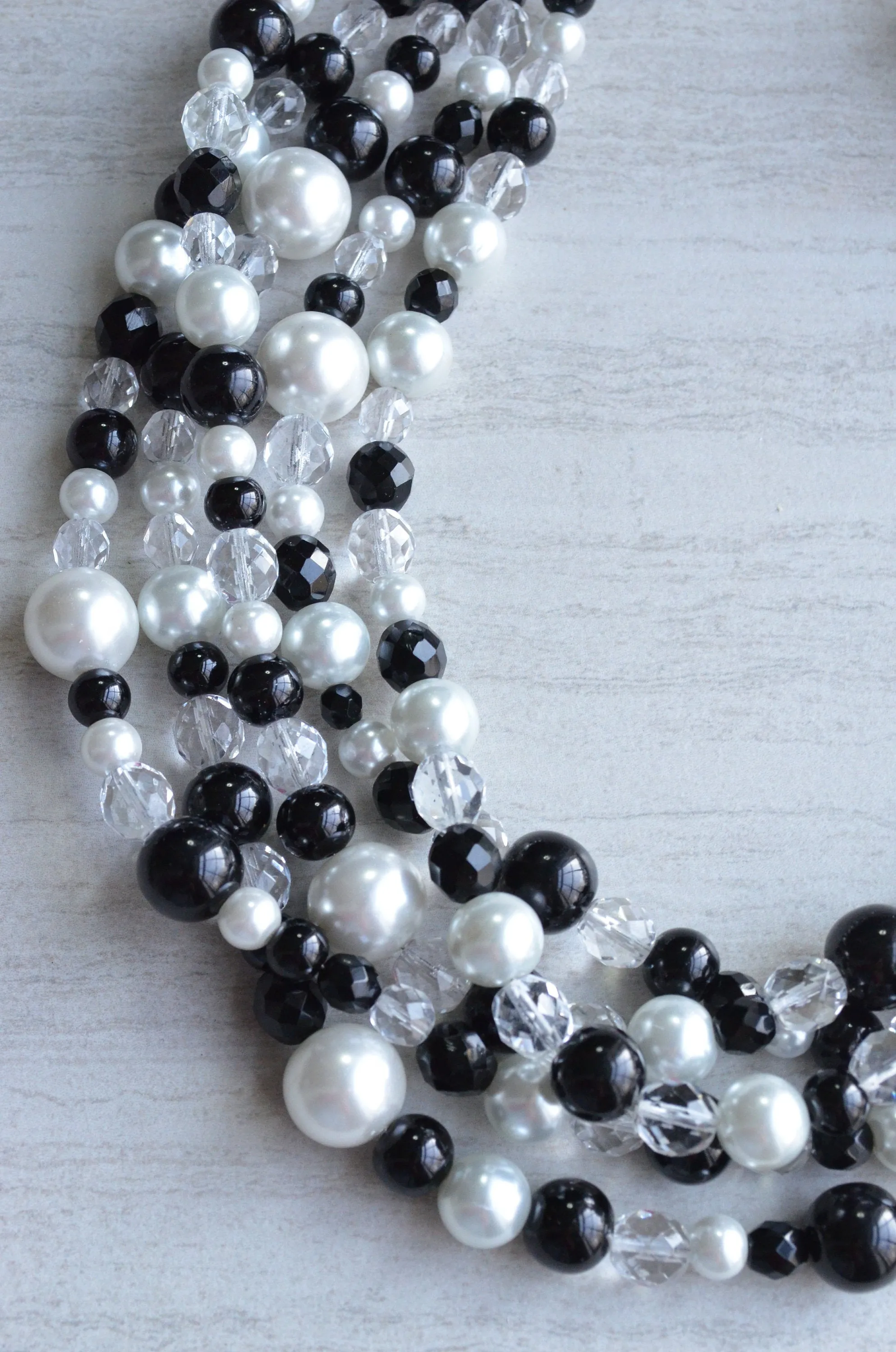 Crystal Black Crystal Pearl Beaded Multi Strand Chunky Statement Necklace - Melissa