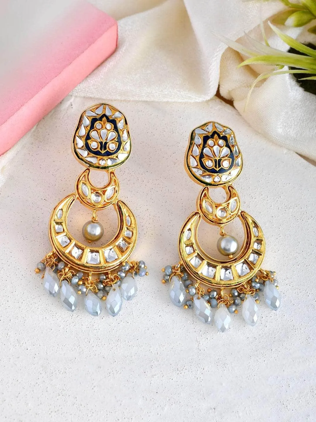 Crystal White Kundan Chand Dangler Earring Blue