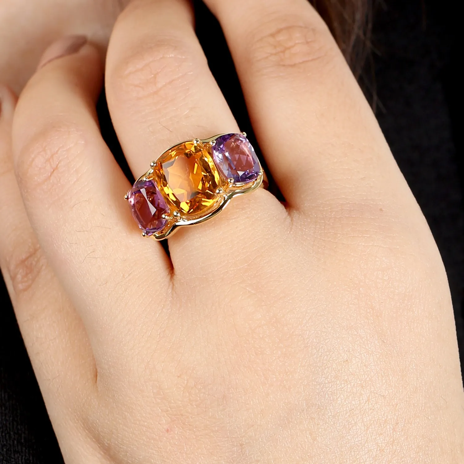 Cushion Cut Citrine & Amethyst Beautiful Three Stone Ring In 18k Yellow Gold Wedding Gift