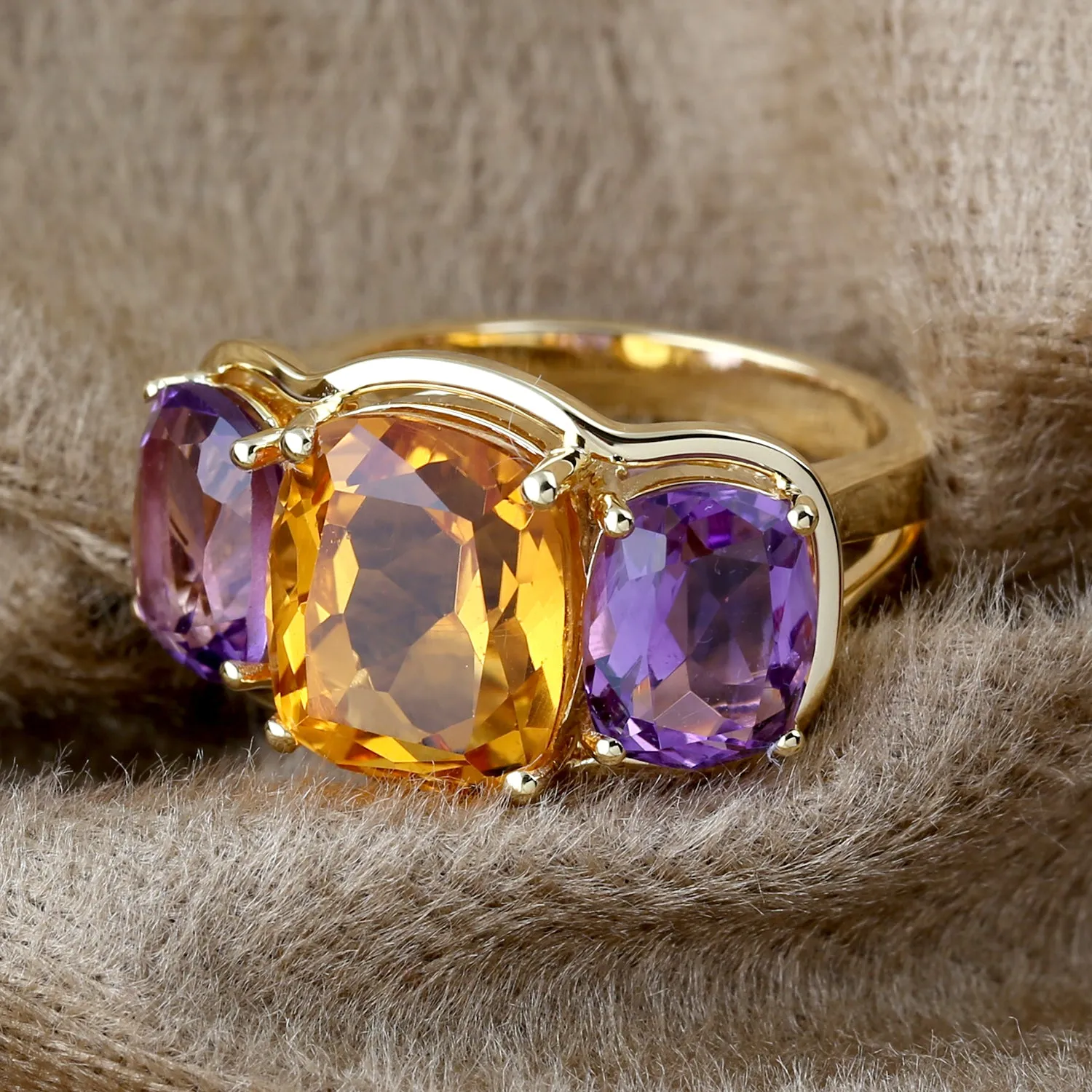Cushion Cut Citrine & Amethyst Beautiful Three Stone Ring In 18k Yellow Gold Wedding Gift