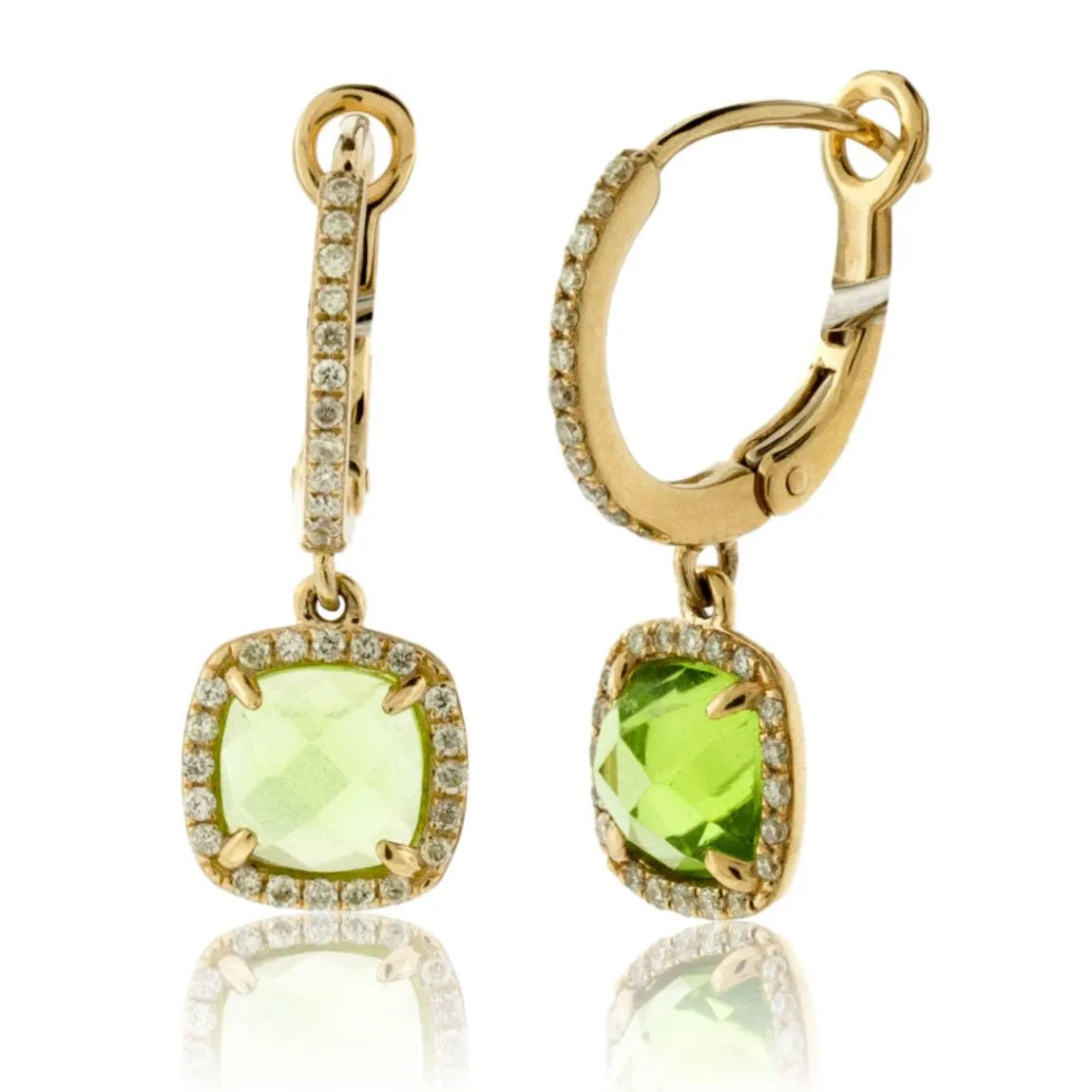 Cushion-Cut Peridot and Diamond Halo Drop Earrings