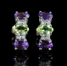 Edwardian Suffragette Style Earrings Amethyst Peridot Diamond 9ct Gold