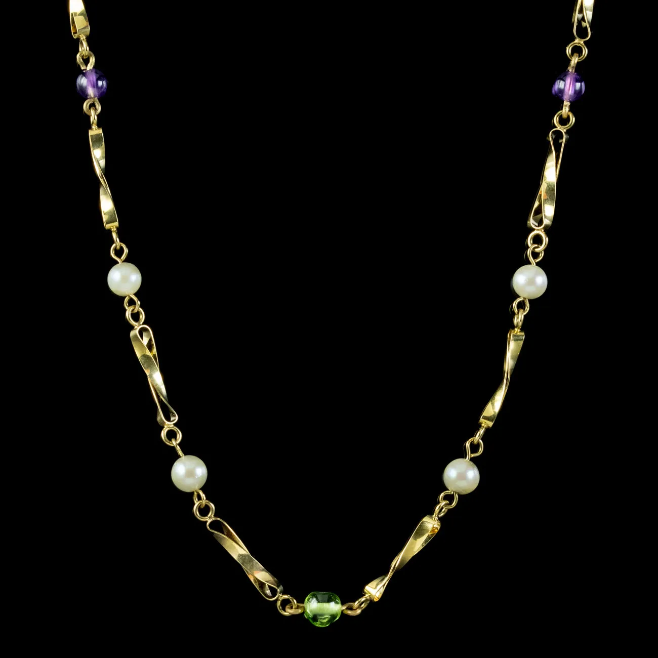 Edwardian Suffragette Style Necklace Peridot Amethyst Pearl Dated 1985