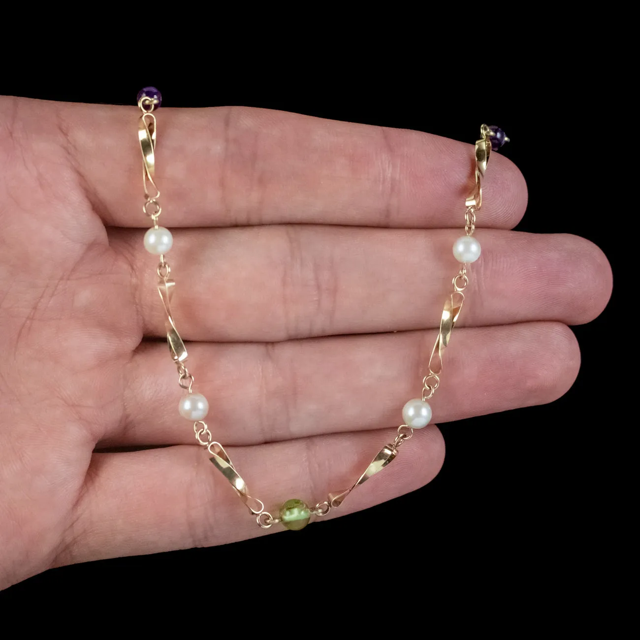 Edwardian Suffragette Style Necklace Peridot Amethyst Pearl Dated 1985