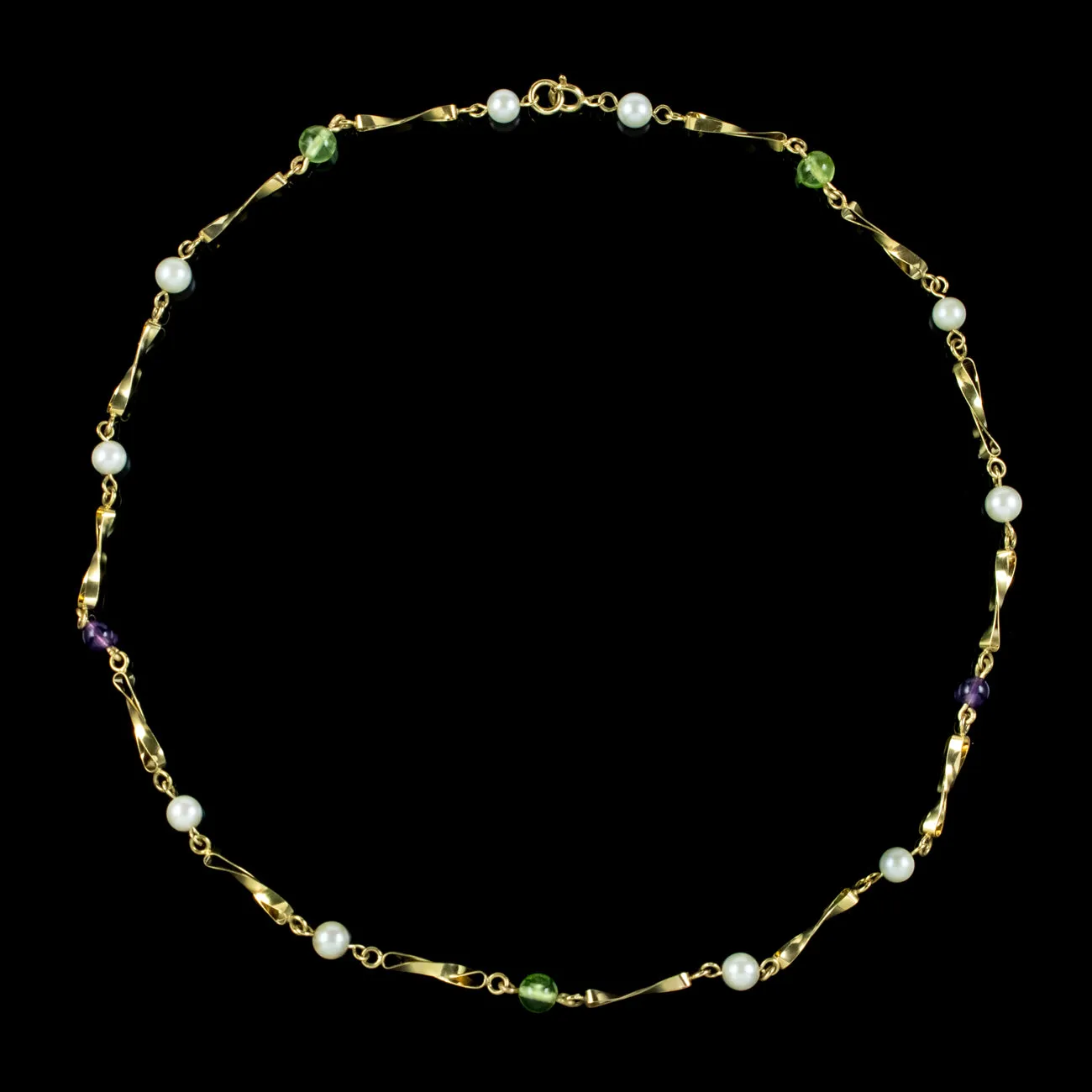 Edwardian Suffragette Style Necklace Peridot Amethyst Pearl Dated 1985