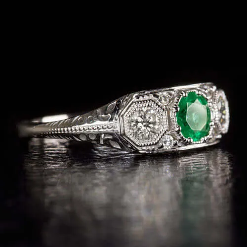 EMERALD DIAMOND ART DECO RING VINTAGE STYLE 3 STONE WHITE GOLD GREEN COCKTAIL