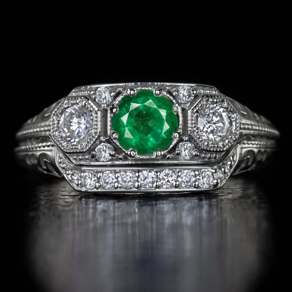 EMERALD DIAMOND ART DECO RING VINTAGE STYLE 3 STONE WHITE GOLD GREEN COCKTAIL