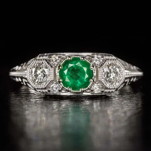 EMERALD DIAMOND ART DECO RING VINTAGE STYLE 3 STONE WHITE GOLD GREEN COCKTAIL