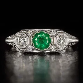 EMERALD DIAMOND ART DECO RING VINTAGE STYLE 3 STONE WHITE GOLD GREEN COCKTAIL