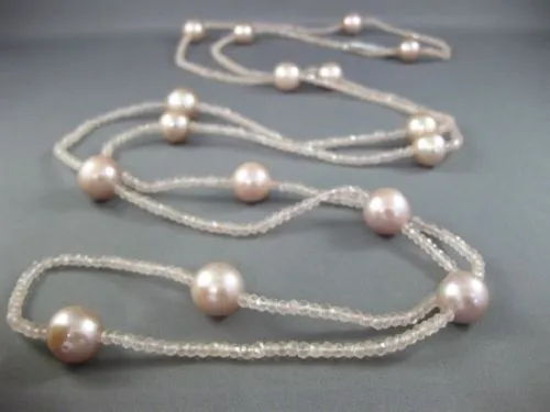 ESTATE LARGE & LONG AAA PINK PEARLS & EXTRA FACET ROSE QUARTZ TIN TOP NECKLACE