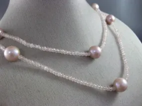 ESTATE LARGE & LONG AAA PINK PEARLS & EXTRA FACET ROSE QUARTZ TIN TOP NECKLACE