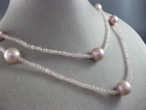 ESTATE LARGE & LONG AAA PINK PEARLS & EXTRA FACET ROSE QUARTZ TIN TOP NECKLACE