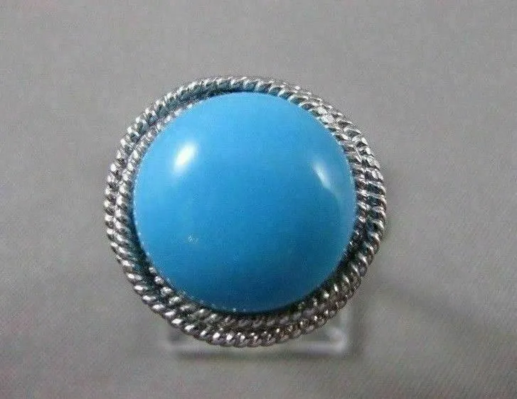 ESTATE ROUND TURQUOISE SOLITAIRE 14KT WHITE GOLD FILIGREE COCKTAIL RING #20428