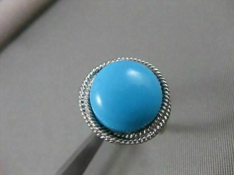 ESTATE ROUND TURQUOISE SOLITAIRE 14KT WHITE GOLD FILIGREE COCKTAIL RING #20428