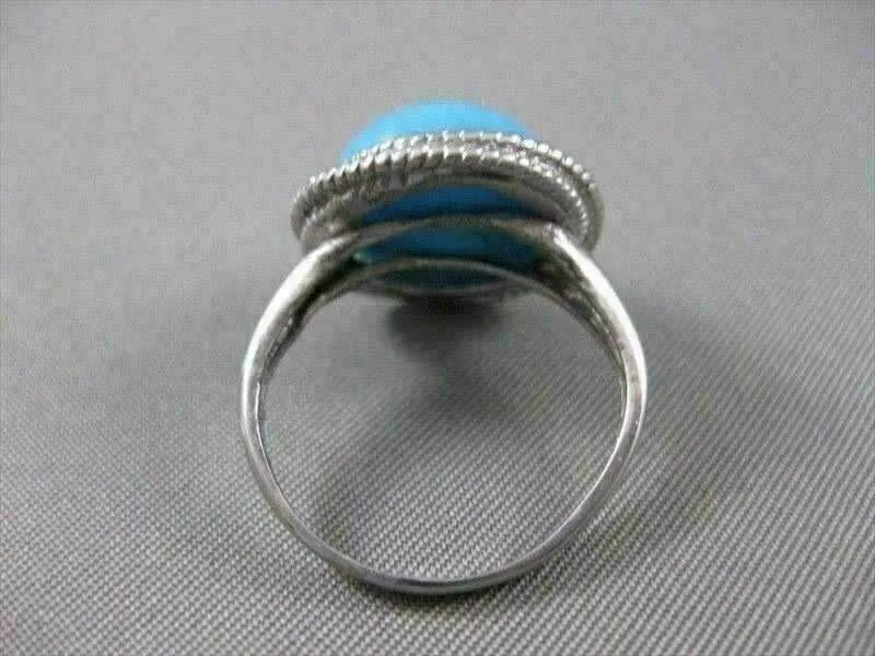 ESTATE ROUND TURQUOISE SOLITAIRE 14KT WHITE GOLD FILIGREE COCKTAIL RING #20428