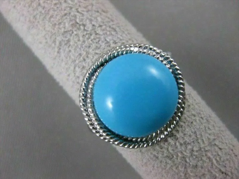 ESTATE ROUND TURQUOISE SOLITAIRE 14KT WHITE GOLD FILIGREE COCKTAIL RING #20428
