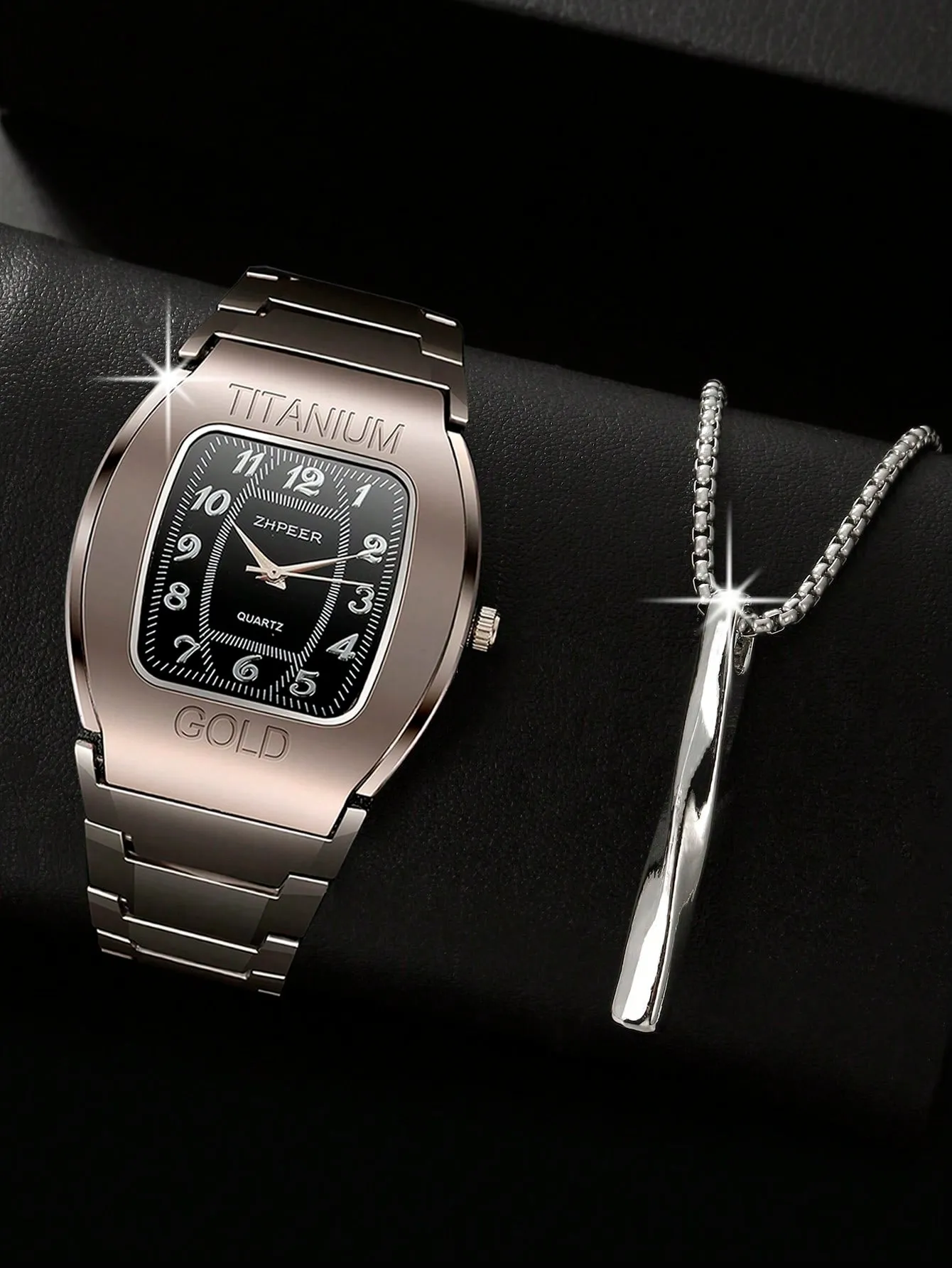 Fashionable Letter Detail Square Dial Quartz Watch & 1pc Pendant Necklace