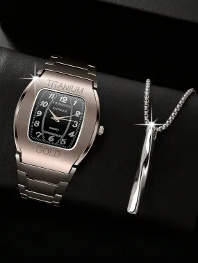 Fashionable Letter Detail Square Dial Quartz Watch & 1pc Pendant Necklace