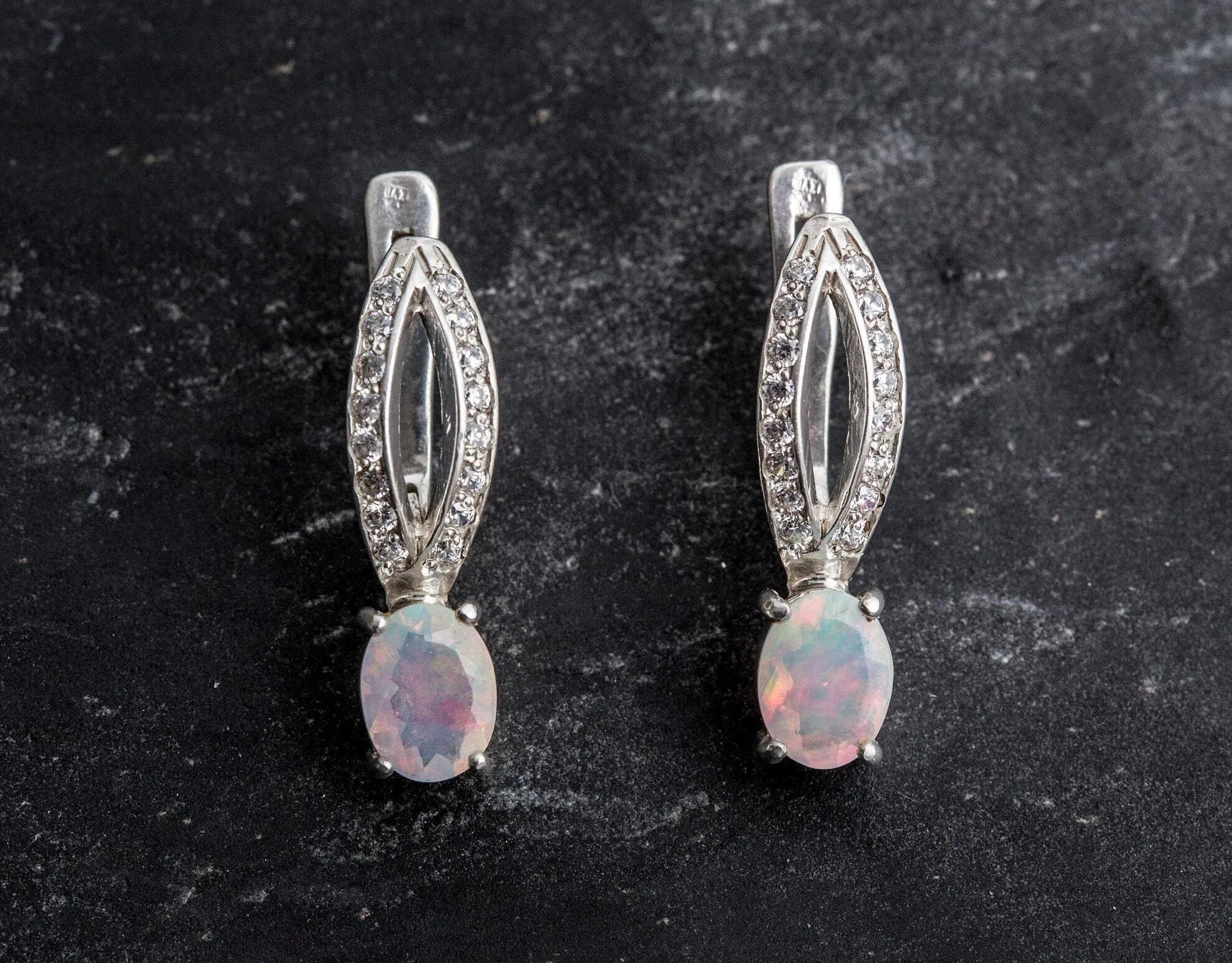 Fire Opal Earrings - Vintage Opal Earrings - Long Oval Earrings