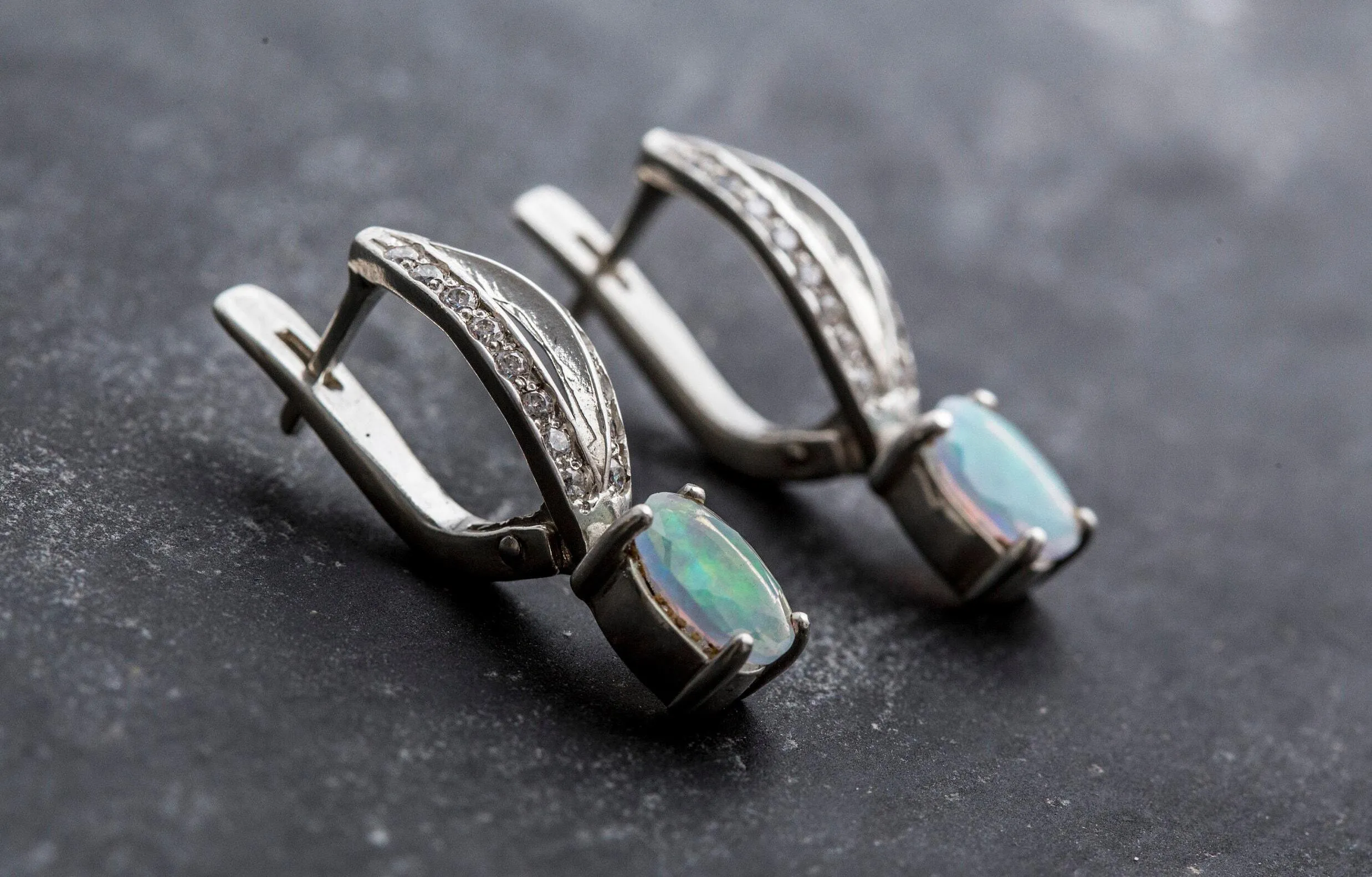Fire Opal Earrings - Vintage Opal Earrings - Long Oval Earrings