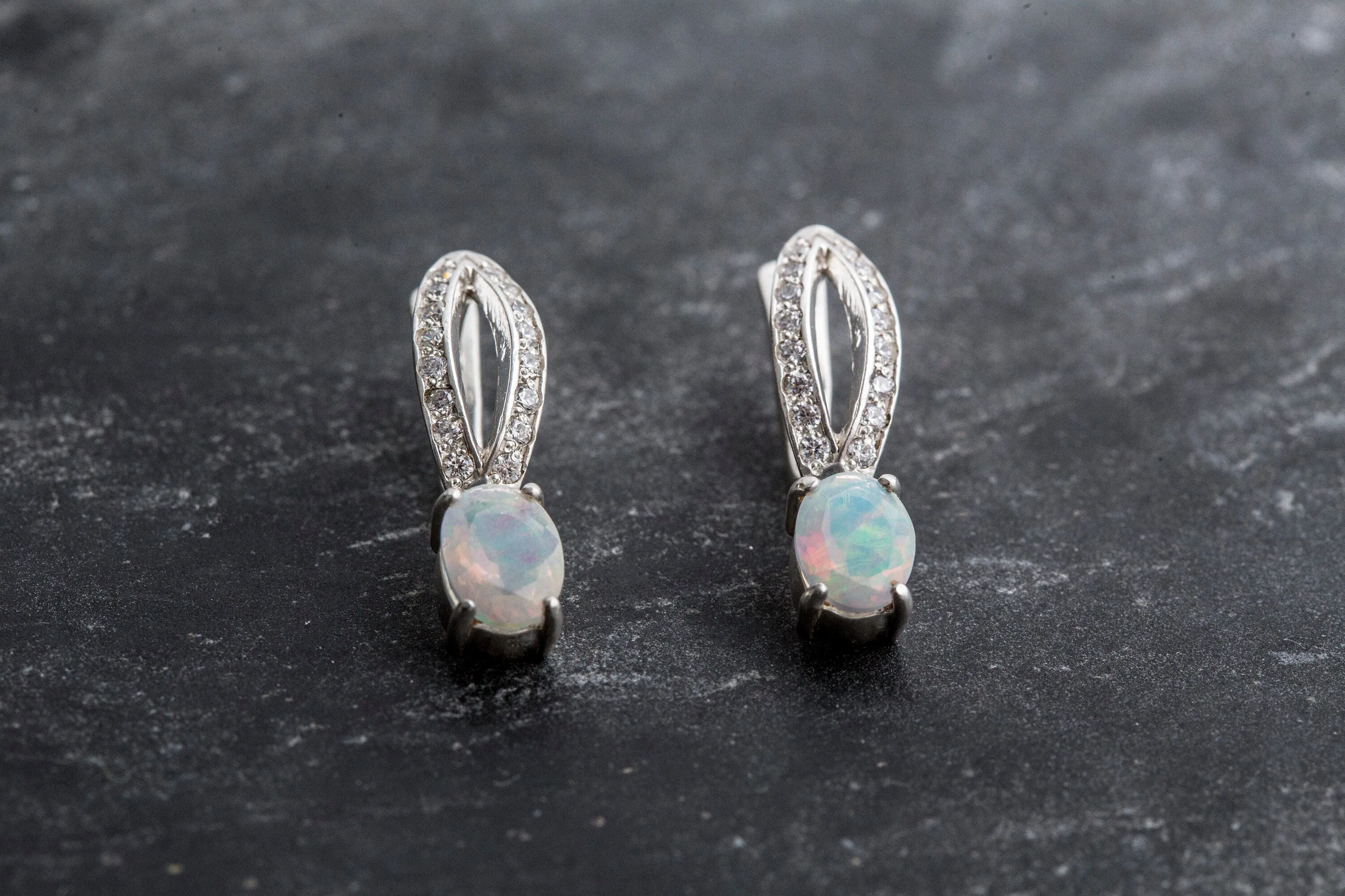 Fire Opal Earrings - Vintage Opal Earrings - Long Oval Earrings